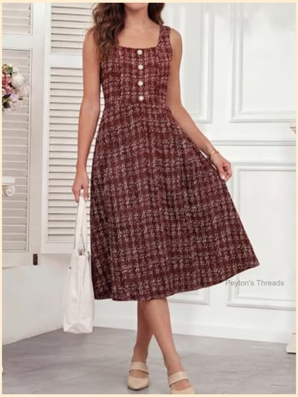 Sleeveless Midi Gingham Dress Square Neck A-Line Flowy Cottagecore - Picture 2 of 7